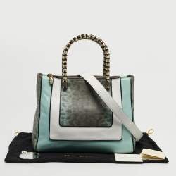 Pre Owned Bvlgari Scaglie Serpenti Light Green/White Karung and Leather Tote