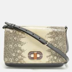 Pre Owned Bvlgari Icona Grey/Cream Lizard Skin and Leather Shoulder Bag
