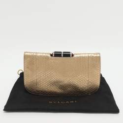 Pre Owned حقيبة كلاتش بلغاري جلد بايثون ذهبي لأحمر الشفاه