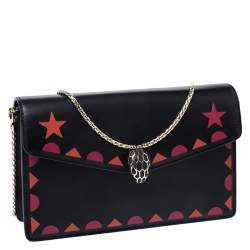 Pre Owned Bvlgari Black Leather Patch Details Serpenti Forever Chain Clutch