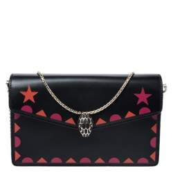 Pre Owned Bvlgari Black Leather Patch Details Serpenti Forever Chain Clutch