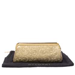 Pre Owned Bvlgari Metallic Gold Floral Embossed Straw Clutch