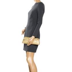 Pre Owned Bvlgari Metallic Gold Floral Embossed Straw Clutch