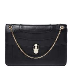 Bvlgari Black Leather Medium Serpenti Forever Flap Shoulder Bag
