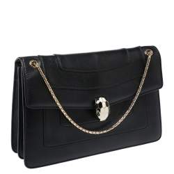 Bvlgari Black Leather Medium Serpenti Forever Flap Shoulder Bag