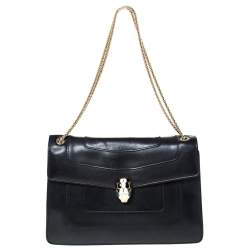 Bvlgari Black Leather Medium Serpenti Forever Flap Shoulder Bag