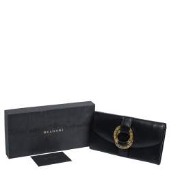 Bvlgari Black Leather Double Ring Flap Continental Wallet