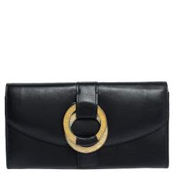 Bvlgari Black Leather Double Ring Flap Continental Wallet