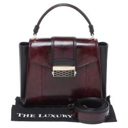 Pre Owned Bvlgari Burgundy/Black Leather and Karung Serpenti Viper Top Handle Bag