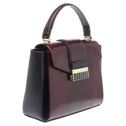 Pre Owned Bvlgari Burgundy/Black Leather and Karung Serpenti Viper Top Handle Bag