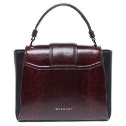 Pre Owned Bvlgari Burgundy/Black Leather and Karung Serpenti Viper Top Handle Bag