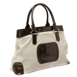 Bvlgari Dark Brown/Grey Canvas and Patent Leather Middle Zip Tote