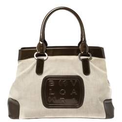 Bvlgari Dark Brown/Grey Canvas and Patent Leather Middle Zip Tote