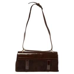 Pre Owned Bvlgari Mocha Brown Corduroy and Patent Leather Logo Flap Top Handle Bag