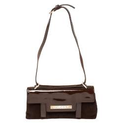 Pre Owned Bvlgari Mocha Brown Corduroy and Patent Leather Logo Flap Top Handle Bag