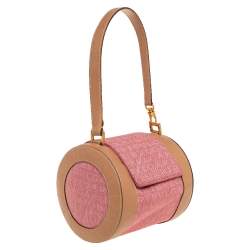Pre Owned Bvlgari Pink/Beige Denim and Leather Cylinder Bag