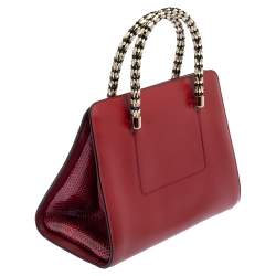 Pre Owned Bvlgari Dark Red Snakeskin and Leather Small Serpenti Scaglie Tote