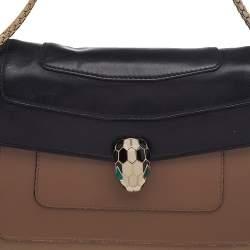 Pre Owned حقيبة كتف بلغاري سيربينتي فوريفر جلد أسود/بيج ذات قلاب متوسطة