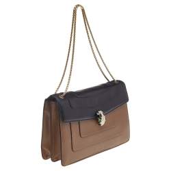 Pre Owned حقيبة كتف بلغاري سيربينتي فوريفر جلد أسود/بيج ذات قلاب متوسطة