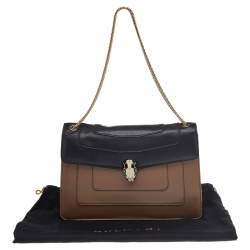 Pre Owned حقيبة كتف بلغاري سيربينتي فوريفر جلد أسود/بيج ذات قلاب متوسطة