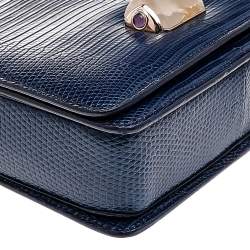 Pre Owned Bvlgari Blue Lizard Leather Cabochon Clasp Shoulder Bag
