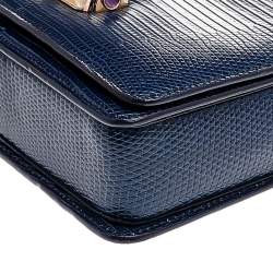 Pre Owned Bvlgari Blue Lizard Leather Cabochon Clasp Shoulder Bag