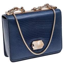 Pre Owned Bvlgari Blue Lizard Leather Cabochon Clasp Shoulder Bag