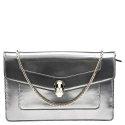 Bvlgari Metallic Silver Patent Leather Serpenti Forever Wallet on Chain