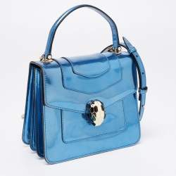 Bvlgari Blue Laminated Leather Serpenti Forever Flap Top Handle Bag