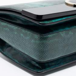 مملوكة مسبقًا حقيبة كتف بلغاري جلد كارونج وبريسبيكس أسود/ أخضر  غطاء قلاب 