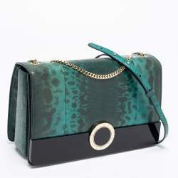 مملوكة مسبقًا حقيبة كتف بلغاري جلد كارونج وبريسبيكس أسود/ أخضر  غطاء قلاب 