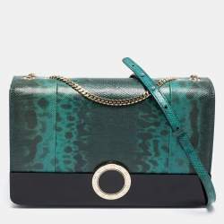 مملوكة مسبقًا حقيبة كتف بلغاري جلد كارونج وبريسبيكس أسود/ أخضر  غطاء قلاب 