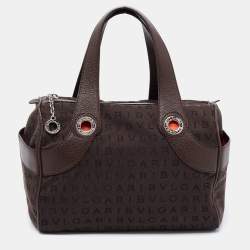 Bvlgari Brown Logo Mania Fabric and Leather Boston Bag