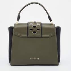Bvlgari Green/Black Leather Medium Serpenti Viper Top Handle Bag