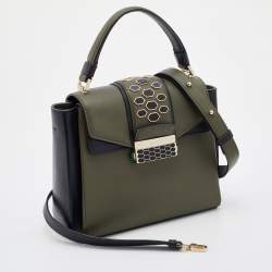 Bvlgari Green/Black Leather Medium Serpenti Viper Top Handle Bag