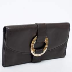 Pre Owned Bvlgari Dark Brown Leather Double Ring Flap Continental Wallet