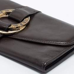 Pre Owned Bvlgari Dark Brown Leather Double Ring Flap Continental Wallet