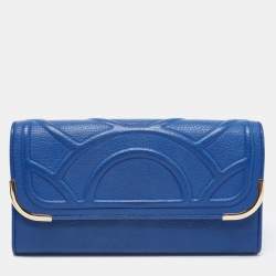 Pre Owned Bvlgari Blue Leather Flap Metal Edge Continental Wallet