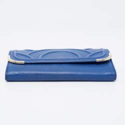 Pre Owned Bvlgari Blue Leather Flap Metal Edge Continental Wallet