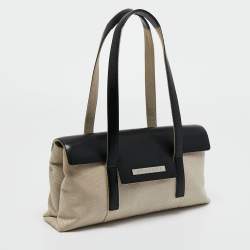 Pre Owned Bvlgari Beige/Black Leather and Canvas Flap Shoulder Bag