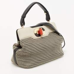 Pre Owned Bvlgari Black/White Woven Leather Isabella Rossellini Top Handle Bag