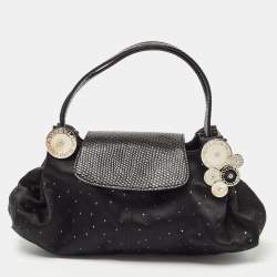Pre Owned Bvlgari Black Satin and Lizard Crystals Cicladi Clutch Bag