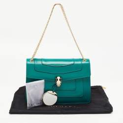 Pre Owned Bvlgari Green Leather Medium Serpenti Forever Flap Shoulder Bag