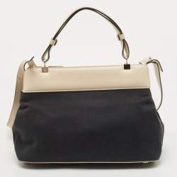 Pre Owned Bvlgari Black/Cream Leather And Canvas Isabella Rossellini Top Handle Bag