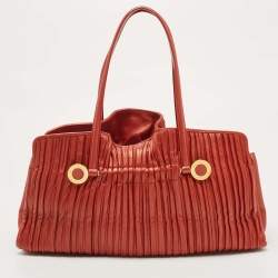 Pre Owned Bvlgari Brick Brown Pleated Leather Plisse Tote