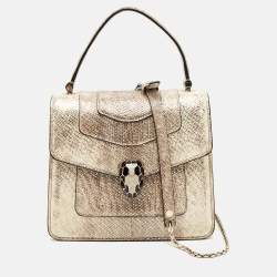 Bvlgari Metallic Gold/Light Beige Karung Leather Small Serpenti Forever Top Handle Bag