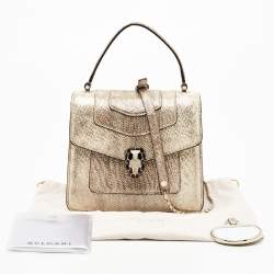Pre Owned Bvlgari Metallic Gold/Light Beige Karung Leather Small Serpenti Forever Top Handle Bag