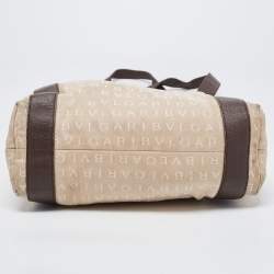 Pre Owned Bvlgari Beige/Brown Logo Mania Canvas and Leather Tote