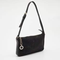 Bvlgari Black Macadam Canvas and Leather Zip Baguette Bag