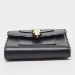 Pre Owned Bvlgari Black Leather Serpenti Forever Double Flap Compact Wallet